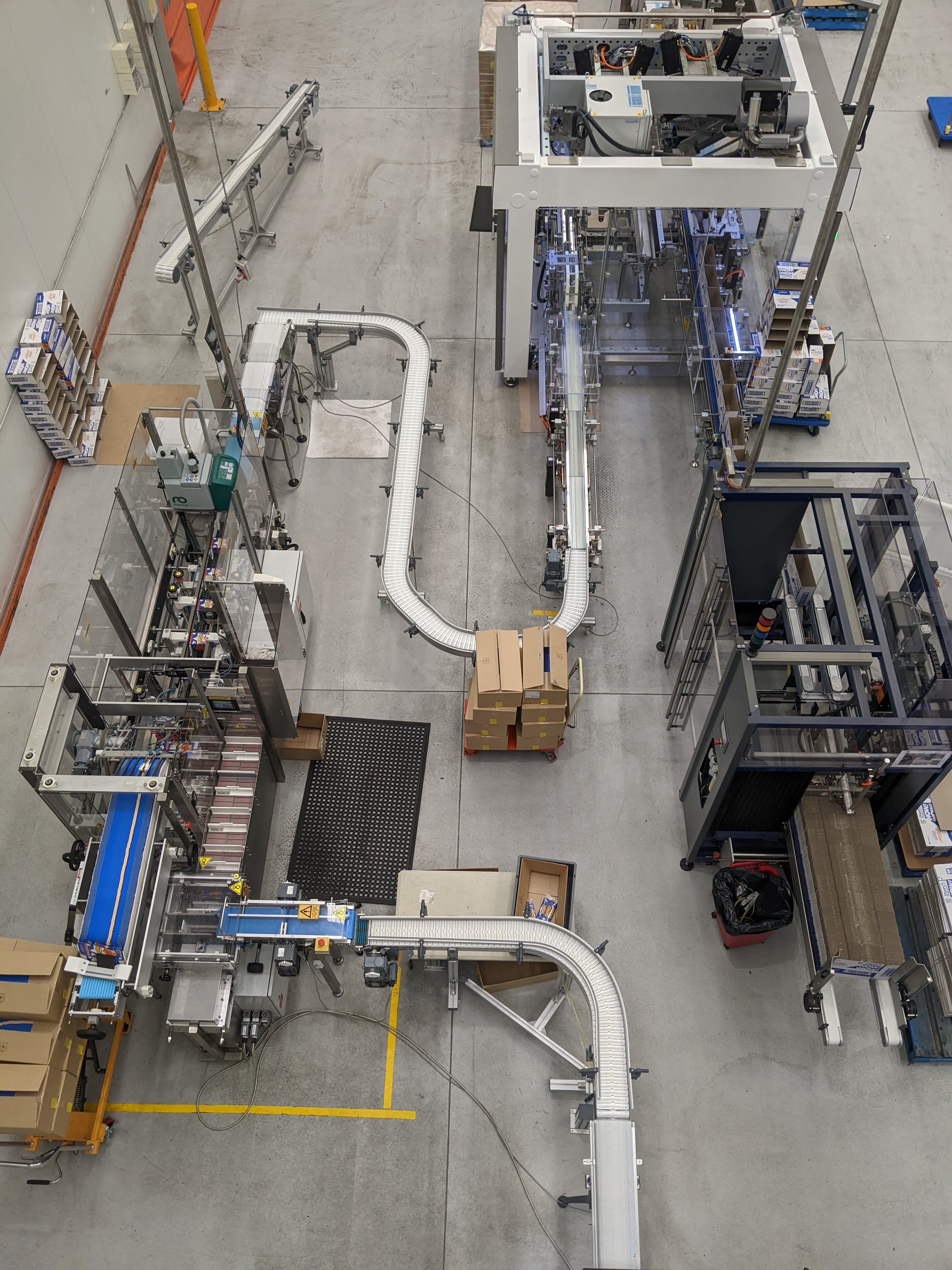 Overhead view of an end-of-line packaging area with conveyors and case handling