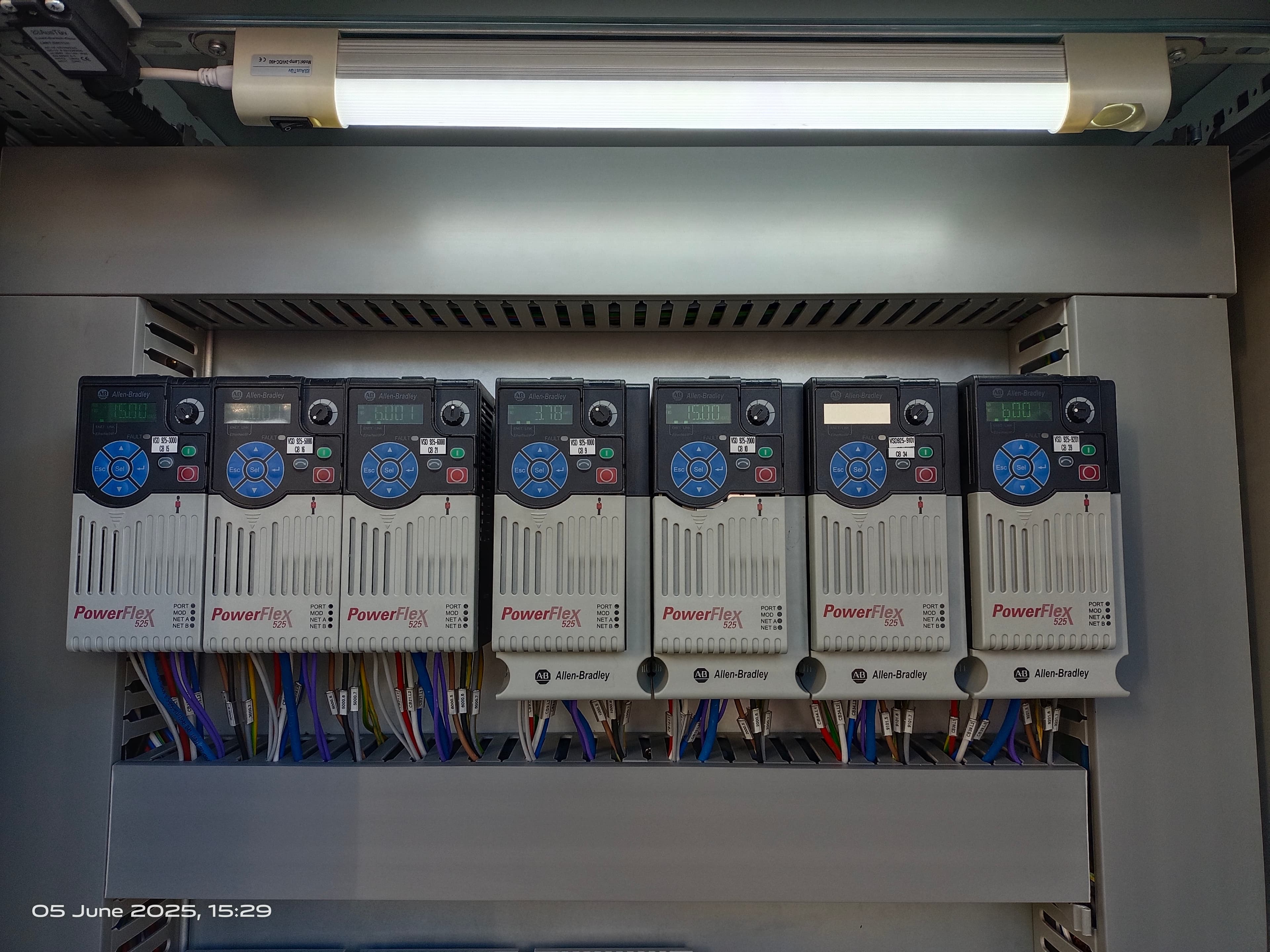 Variable speed drives inside a control panel on a production line